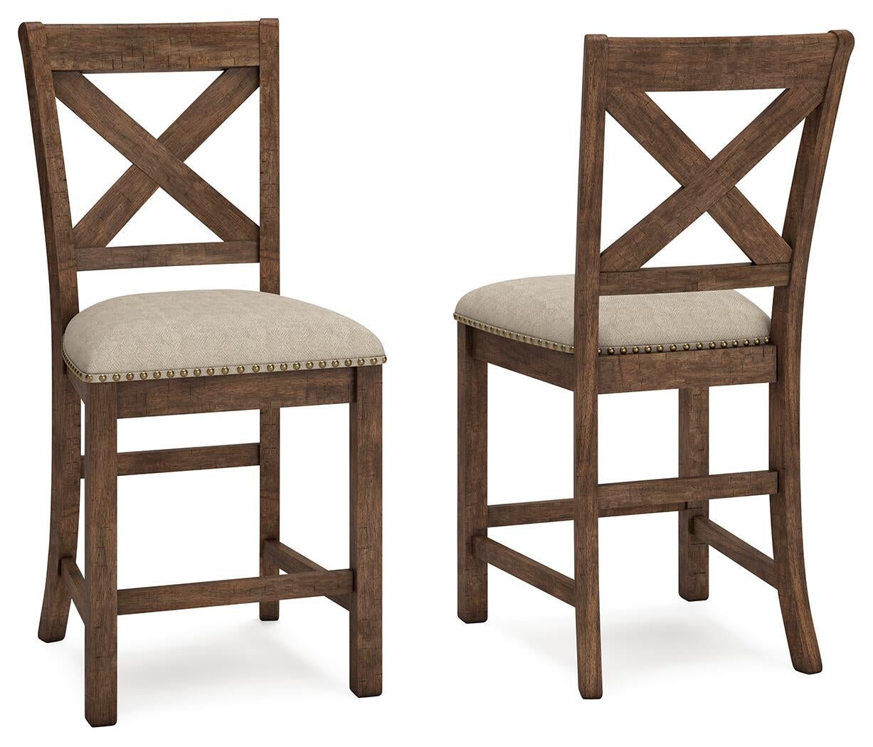 The Moriville Upholstered Barstool (2/CN) set features two wooden barstools with X-shaped backrests, cushioned beige seats, and a distressed nutmeg finish, shown from front and side angles against a white background.