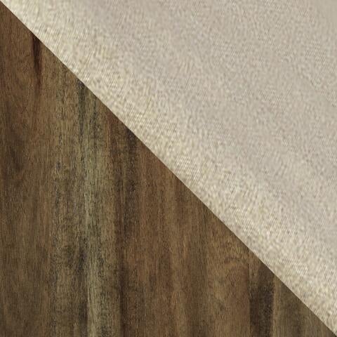 Diagonal split image features the Moriville Upholstered Barstool (2/CN): a textured beige fabric, similar to the barstool's seat, on the upper right and distressed nutmeg-finished dark brown wood on the lower left.