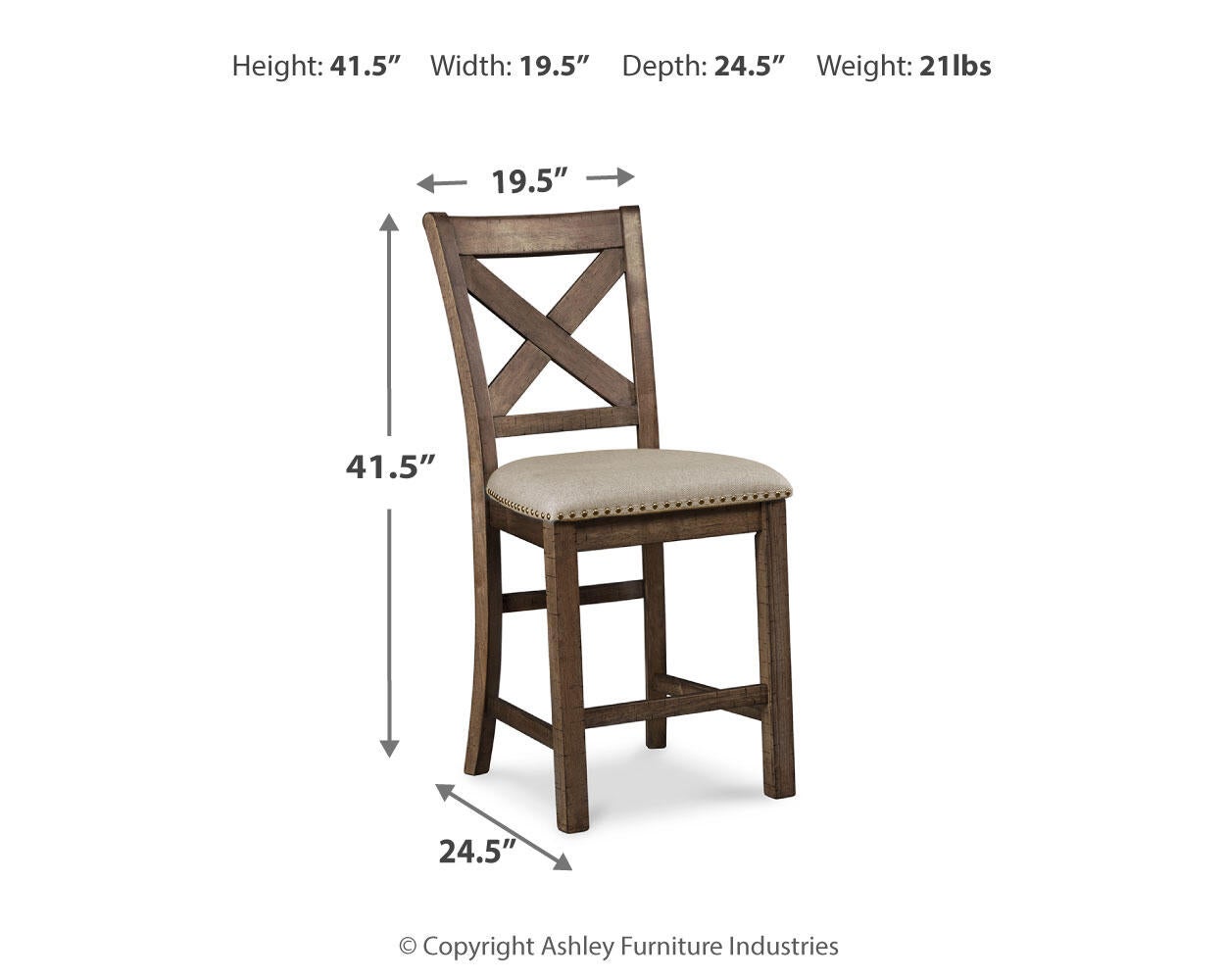 Moriville Upholstered Barstool (2/CN): Brown wooden barstool with beige cushion, X-back design, and distressed nutmeg finish. Measures 41.5"H x 19.5"W x 24.5"D; weight is 21 lbs.