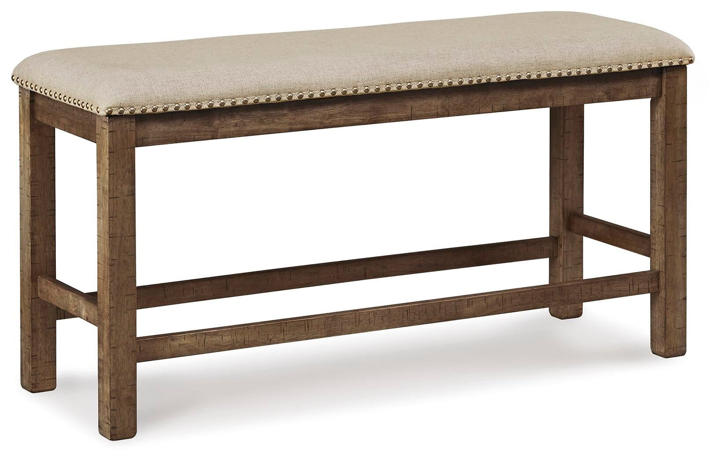 The Moriville Double UPH Bench (1/CN) is a counter height upholstered bench featuring a distressed nutmeg finish, light beige cushion, antiqued nailhead trim, simple rectangular design, and four legs with horizontal supports.