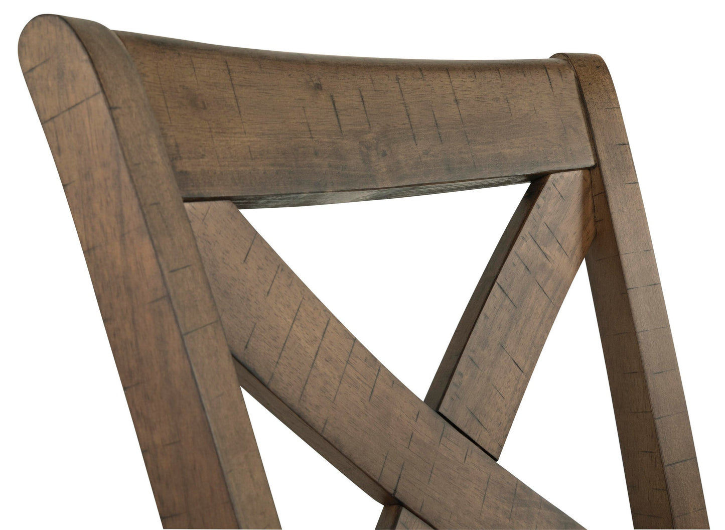 Close-up of the Moriville Upholstered Barstool (2/CN) shows a rustic, distressed nutmeg-finished wooden backrest with a crisscross X design.