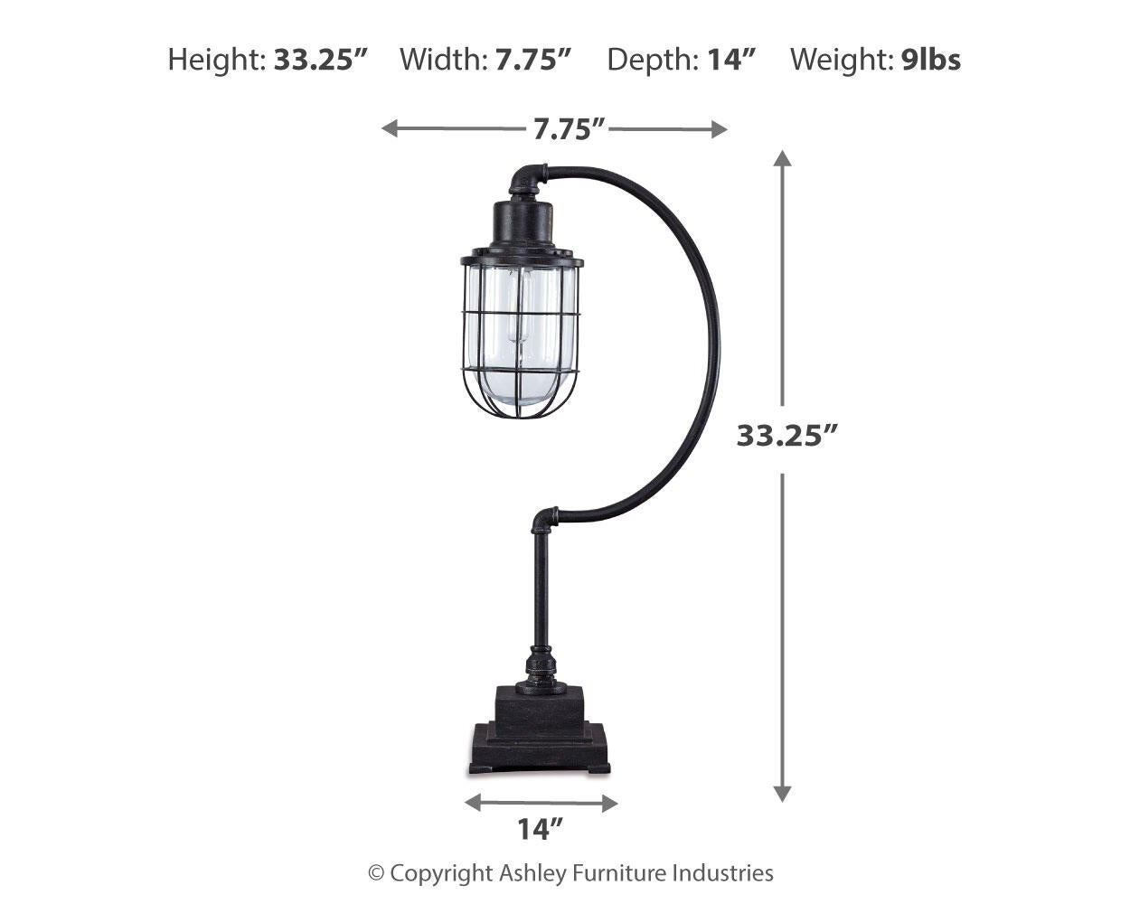 The Jae Metal Desk Lamp (1/CN) features a black industrial-chic design with a curved arm and caged glass shade. Measures 33.25" high, 14" deep, 7.75" wide, and weighs 9 lbs; retro-inspired style for any desk.