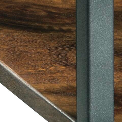 Close-up of the Forestmin Accent Table's rustic wood and black metal surface, showcasing a dark metal vertical strip and diagonal left edge—ideal for minimalist-chic decor.