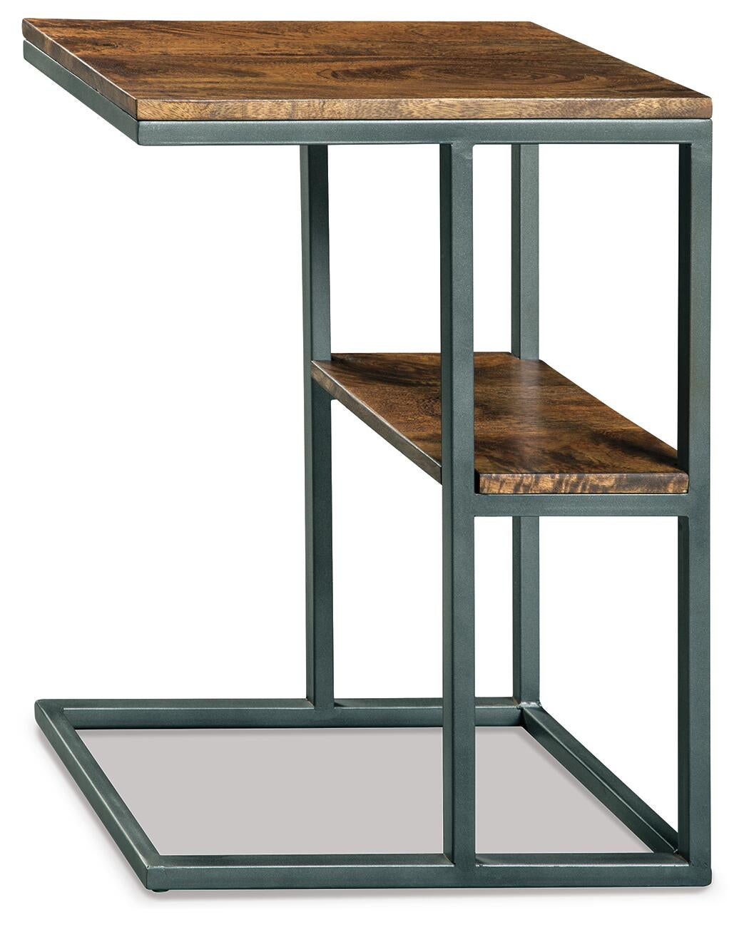 The Forestmin Accent Table features a C-shaped black metal frame, a rustic wood top, and a lower wooden shelf—ideal for adding minimalist style to modern living spaces.