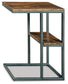 The Forestmin Accent Table features a C-shaped black metal frame, a rustic wood top, and a lower wooden shelf—ideal for adding minimalist style to modern living spaces.