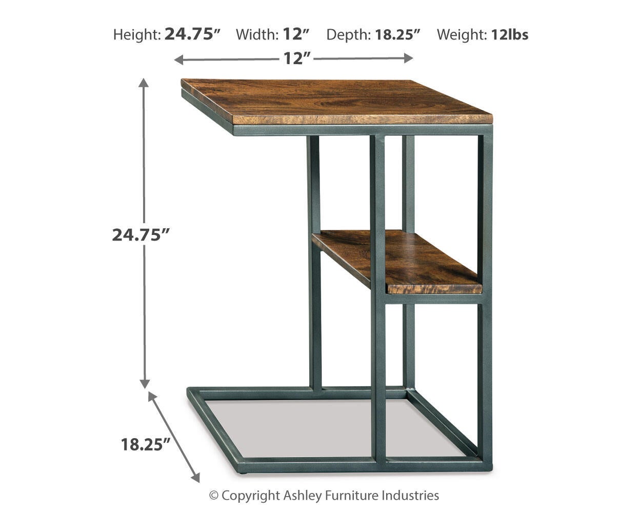 The Forestmin Accent Table features a compact C-shaped design with a metal frame, rustic wood surfaces, and measures 24.75" high, 12" wide, 18.25" deep; weighs 12 lbs.