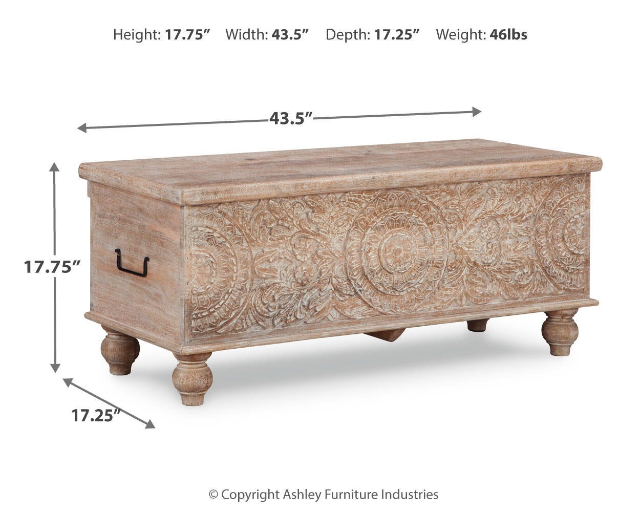 The Fossil Ridge Storage Bench boasts an antique white finish, hand-carved floral patterns, metal side handles, and short legs. It measures 17.75"H x 43.5"W x 17.25"D and weighs 46 lbs.