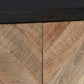 Close-up view of the Robin Ridge Accent Cabinet featuring wooden planks in a chevron pattern with a dark horizontal trim at the top, creating a striking design.