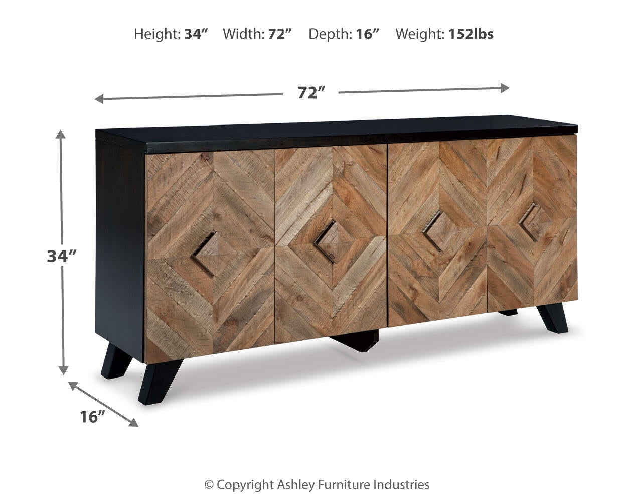The Robin Ridge Accent Cabinet features geometric patterned two-tone wood doors, measures 34" H x 72" W x 16" D, weighs 152 lbs, and includes arrows to indicate its dimensions.
