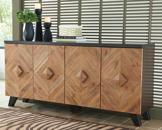 The Robin Ridge Accent Cabinet showcases a bold geometric pattern and a dark top, with space for books, candles, and vases—an ideal accent piece to elevate any stylish living area.