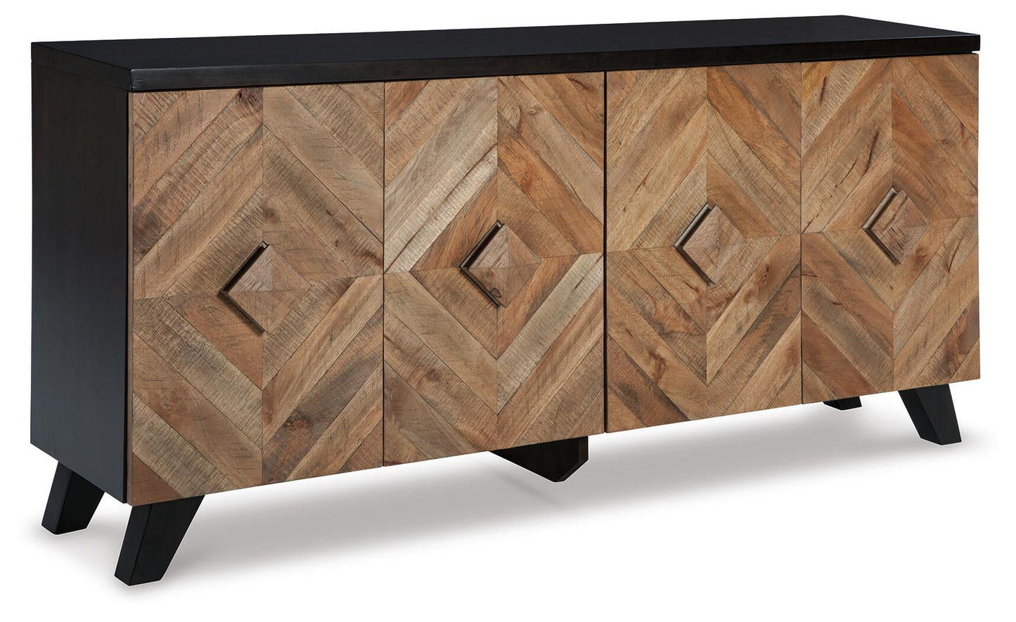 The Robin Ridge Accent Cabinet features a wooden build with a black top and legs, four chevron-patterned front doors, diamond-shaped handles, and adjustable shelves for versatile storage.