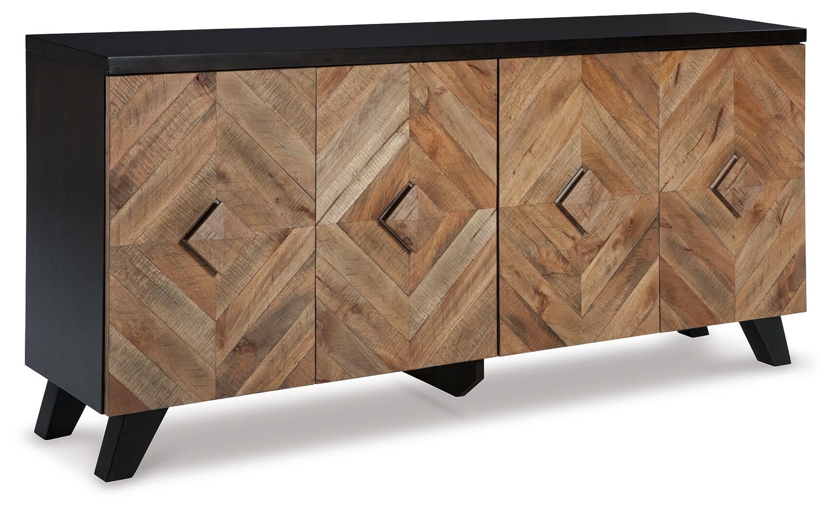 The Robin Ridge Accent Cabinet features a wooden build with a black top and legs, four chevron-patterned front doors, diamond-shaped handles, and adjustable shelves for versatile storage.