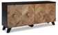 The Robin Ridge Accent Cabinet features a wooden build with a black top and legs, four chevron-patterned front doors, diamond-shaped handles, and adjustable shelves for versatile storage.
