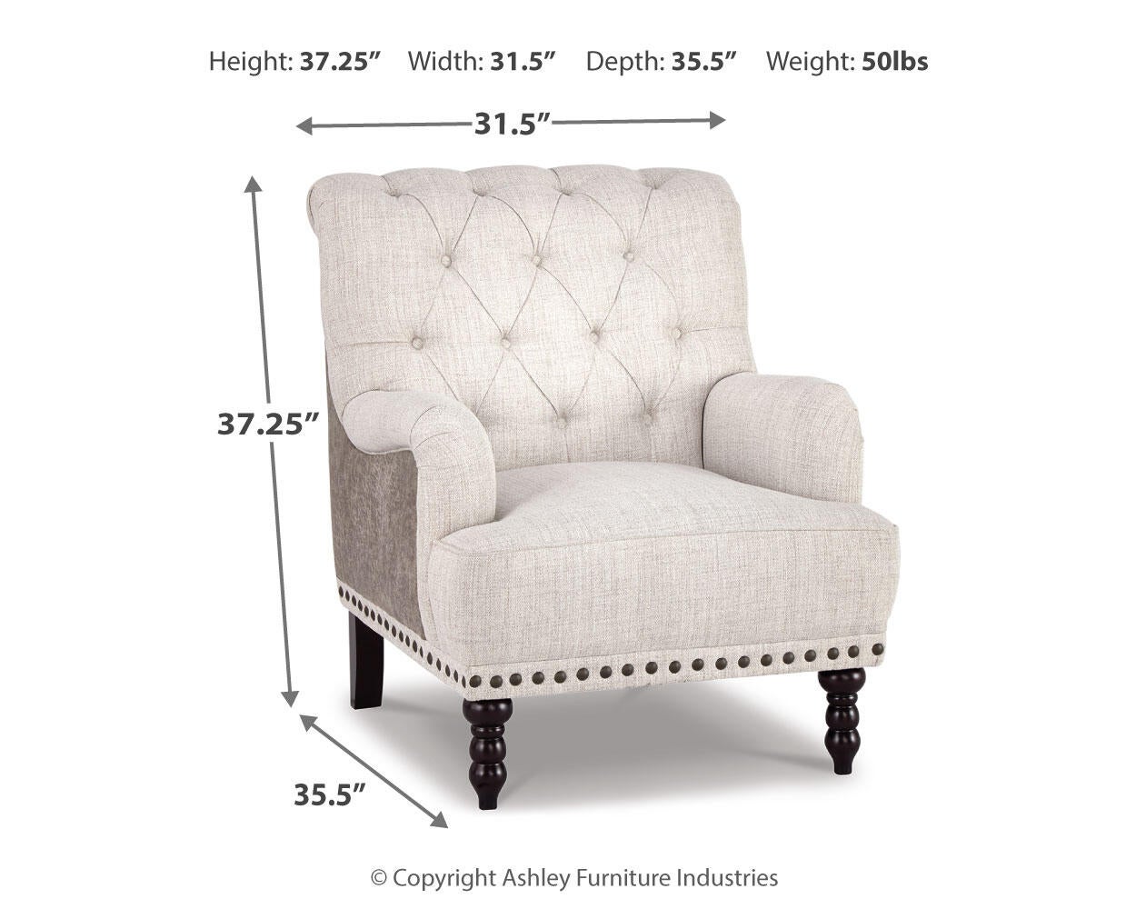 The Tartonelle Accent Chair features linen weave fabric, button tufted back, nailhead trim, and sturdy wooden legs. Dimensions: 37.25" H x 31.5" W x 35.5" D; weight: 50 lbs.