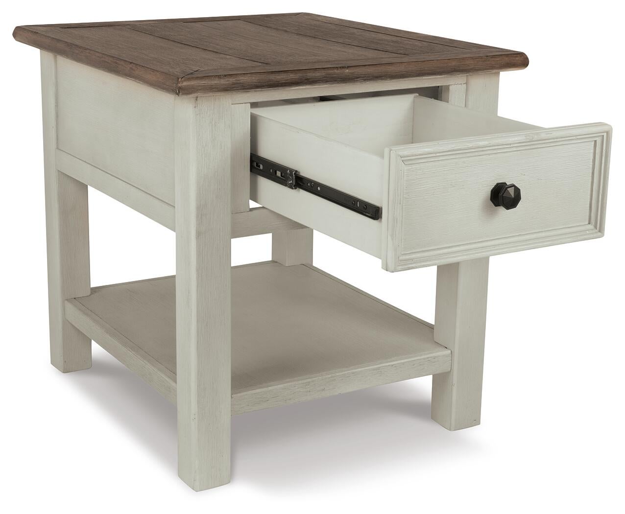 The Bolanburg Rectangular End Table features a two-tone distressed finish with a dark brown top, white legs, a lower shelf, and a smooth-gliding drawer with a black knob.