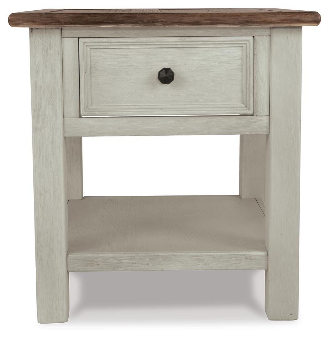 The Bolanburg Rectangular End Table has a two-tone distressed finish with a dark brown top and light gray base, a single smooth-gliding drawer with black knob, and an open lower shelf for added storage.