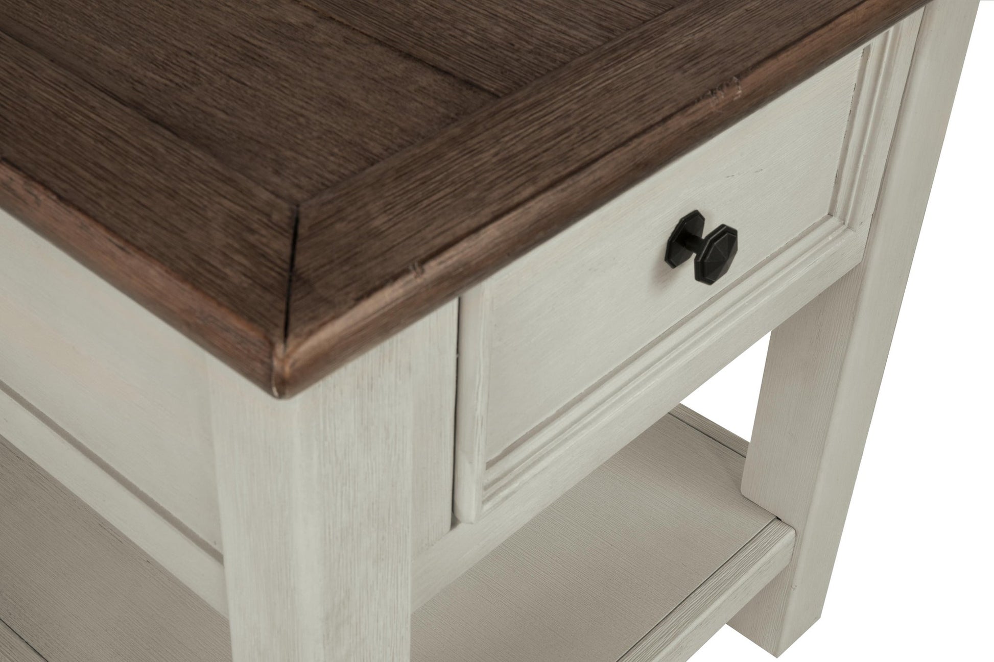 Close-up of the Bolanburg Rectangular End Table, featuring a dark brown top, white base, drawer with black knob, and a lower shelf—ideal for bringing shabby chic charm to your room.