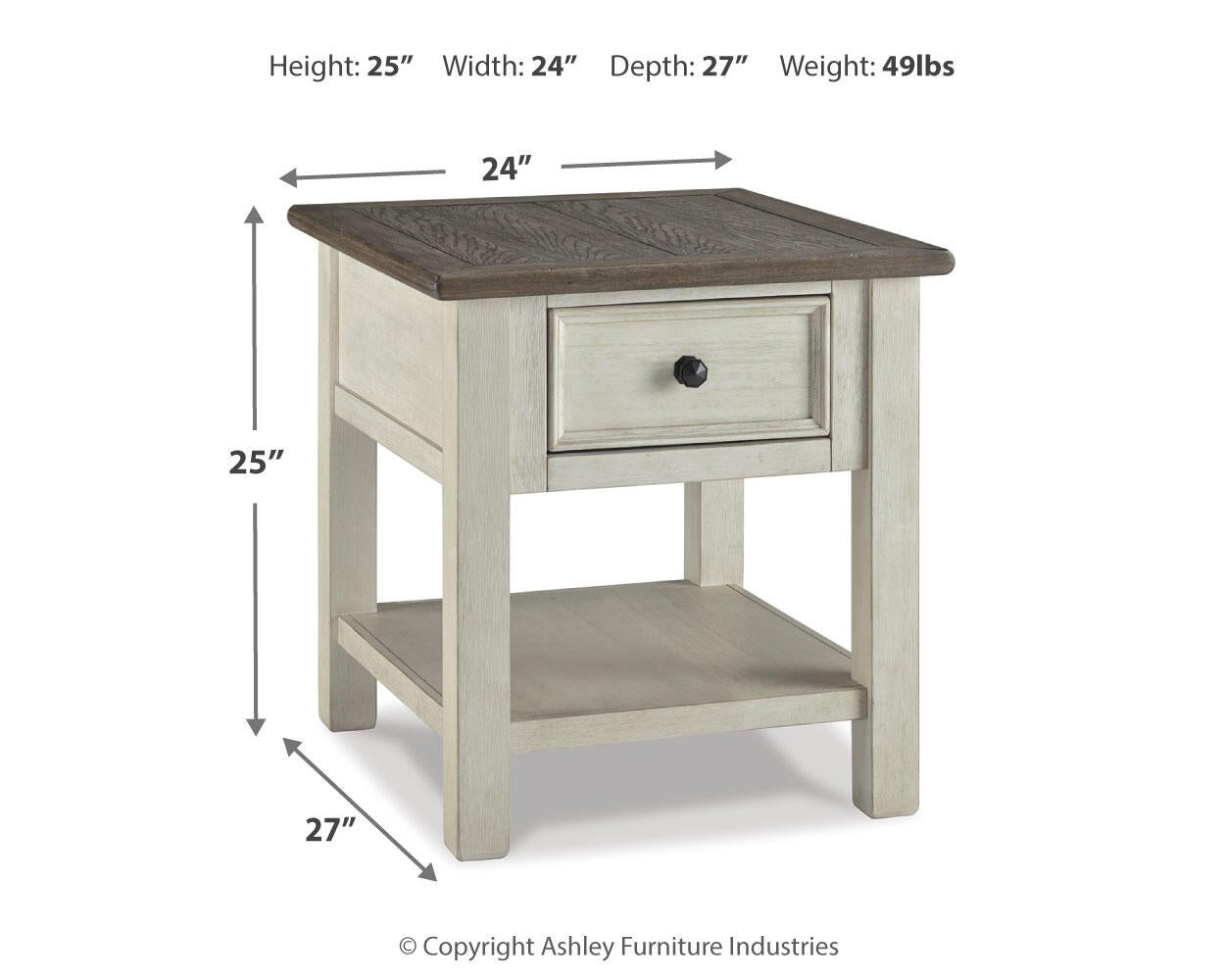 The Bolanburg Rectangular End Table features a two-tone distressed finish, dark top, smooth-gliding drawer, and lower shelf. Dimensions: 25" H x 24" W x 27" D. Weight: 49 lbs.