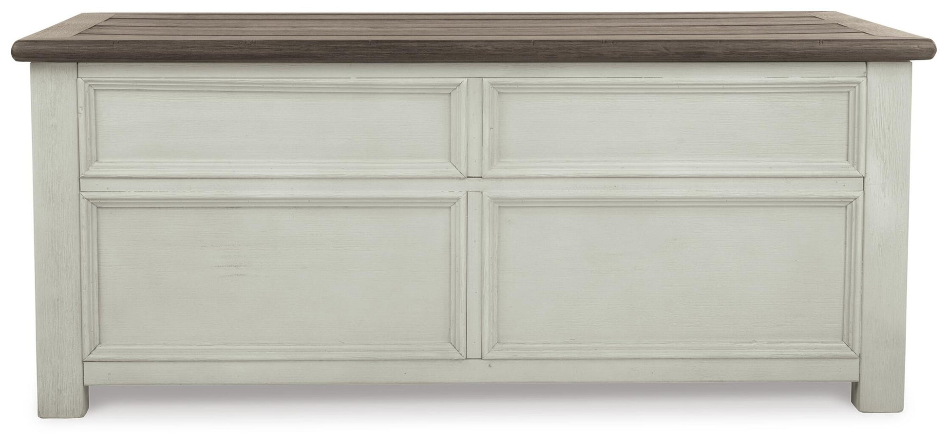 The Bolanburg Lift Top Cocktail Table features a dark brown top, antique white finish, stylish paneled front, and convenient storage drawers.