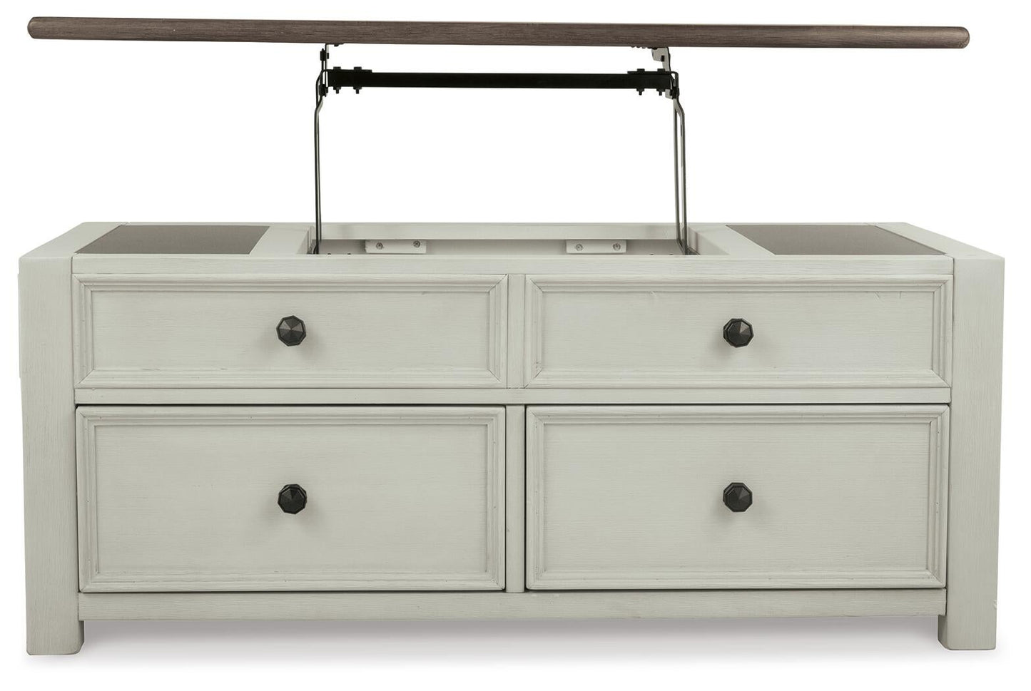 The Bolanburg Lift Top Cocktail Table features a light gray and antique white finish, four storage drawers, and a partially opened top for added convenience.