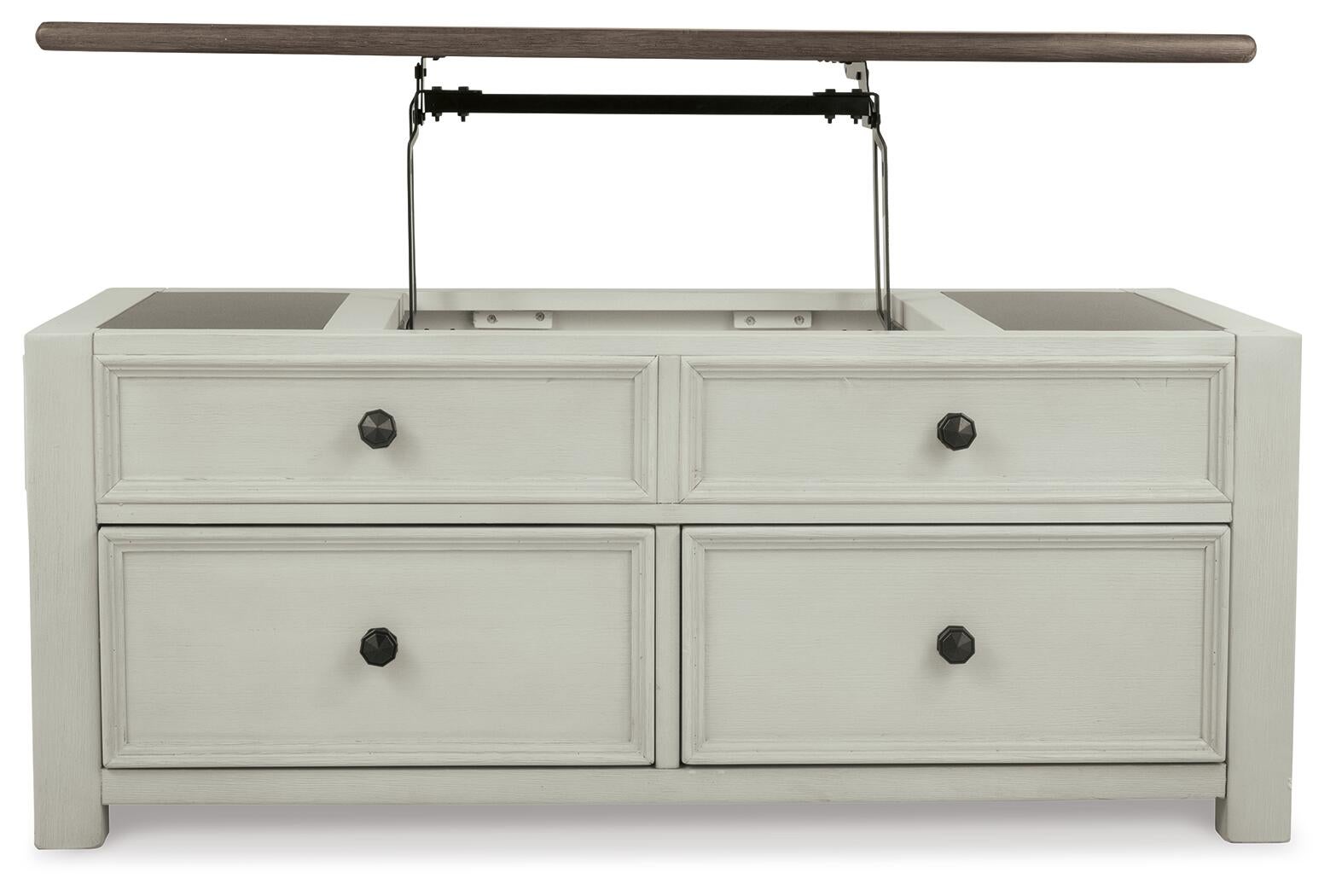 The Bolanburg Lift Top Cocktail Table features a light gray and antique white finish, four storage drawers, and a partially opened top for added convenience.