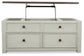 The Bolanburg Lift Top Cocktail Table features a light gray and antique white finish, four storage drawers, and a partially opened top for added convenience.