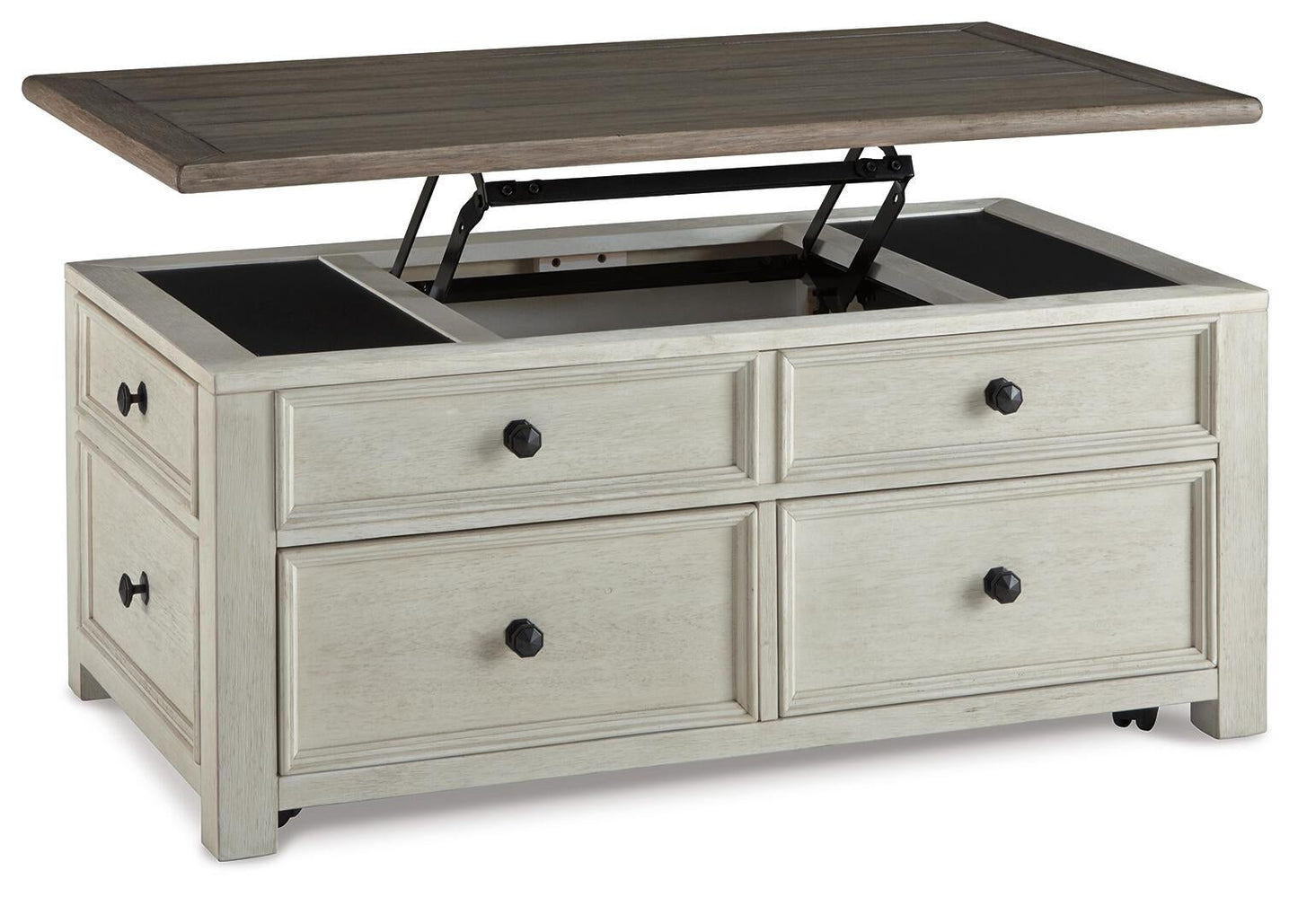 The Bolanburg Lift Top Cocktail Table features an antique white finish, four front storage drawers, and a partially raised top revealing hidden storage—blending style and function for your living space.