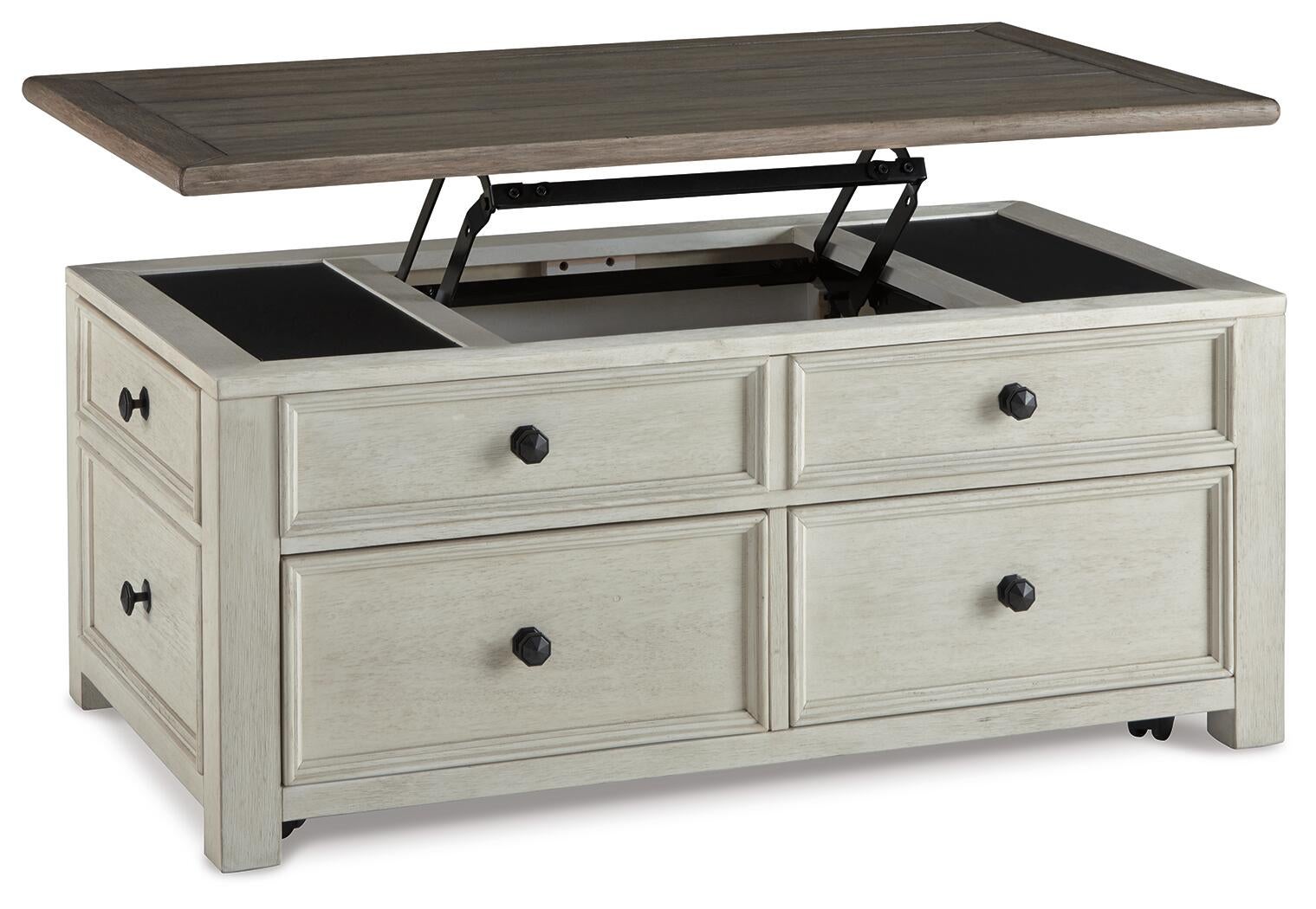 The Bolanburg Lift Top Cocktail Table features an antique white finish, four front storage drawers, and a partially raised top revealing hidden storage—blending style and function for your living space.