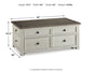 The Bolanburg Lift Top Cocktail Table features four storage drawers, an antique white base, dark top, and black knobs. Measures 46" W x 26" D x 19.5" H and weighs 107 lbs.