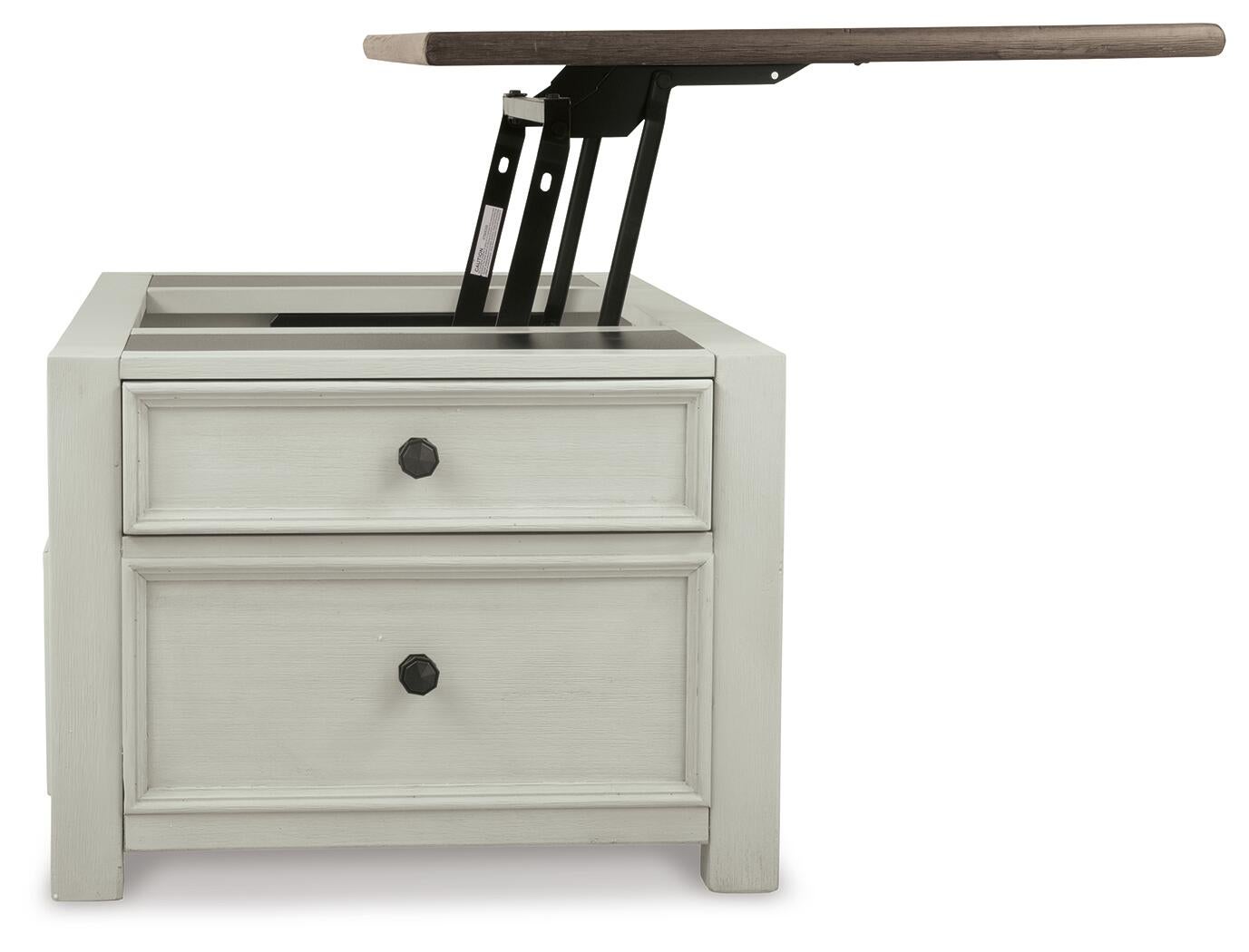 A side view of the Bolanburg Lift Top Cocktail Table in antique white, showcasing two storage drawers and a partially raised lift-top mechanism.