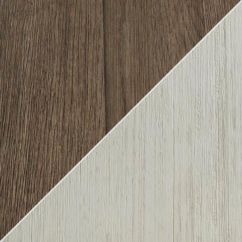 A diagonal split image shows dark brown wood grain on the upper left and light beige on the lower right, evoking the contrast featured in the Bolanburg Lift Top Cocktail Table's stylish design.
