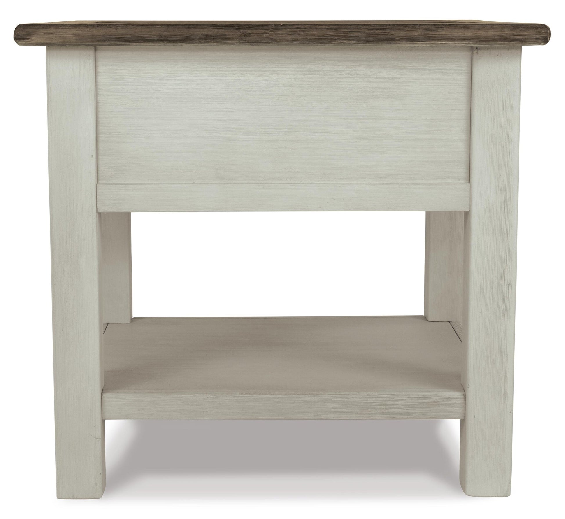 The Bolanburg Rectangular End Table features a two-tone distressed finish with a dark top, light-colored legs, lower shelf, and smooth-gliding drawer, shown from the front.