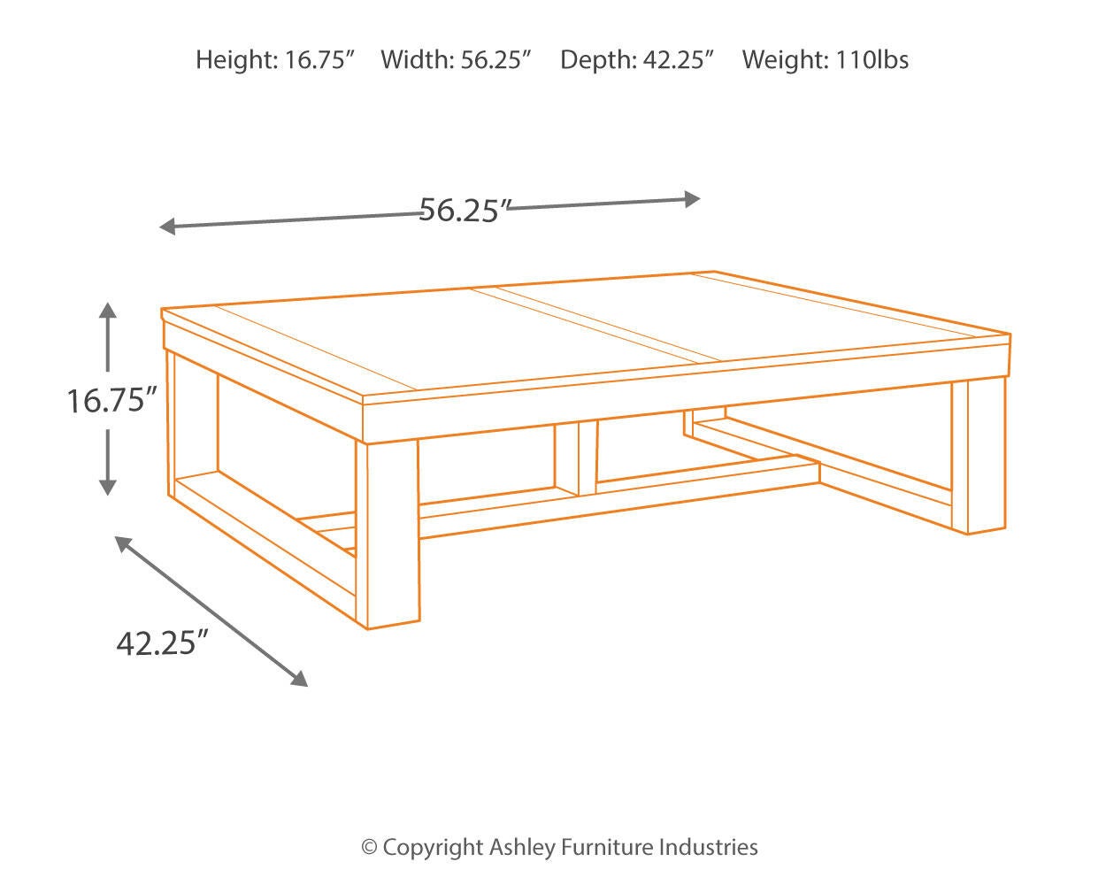 Diagram of the Watson Rectangular Cocktail Table in contemporary style shows dimensions: 16.75" H x 56.25" W x 42.25" D, weight 110 lbs, with table outlined in orange.
