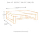 Diagram of the Watson Rectangular Cocktail Table in contemporary style shows dimensions: 16.75" H x 56.25" W x 42.25" D, weight 110 lbs, with table outlined in orange.