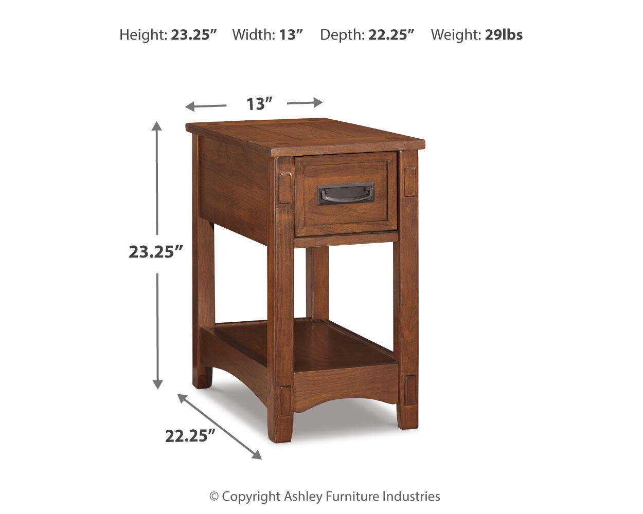 The Breegin Chair Side End Table is a small Mission-style table with one drawer and lower shelf, perfect as a chairside accent or storage table. Dimensions: 23.25" H x 13" W x 22.25" D; weight: 29 lbs. Arrows show measurements.