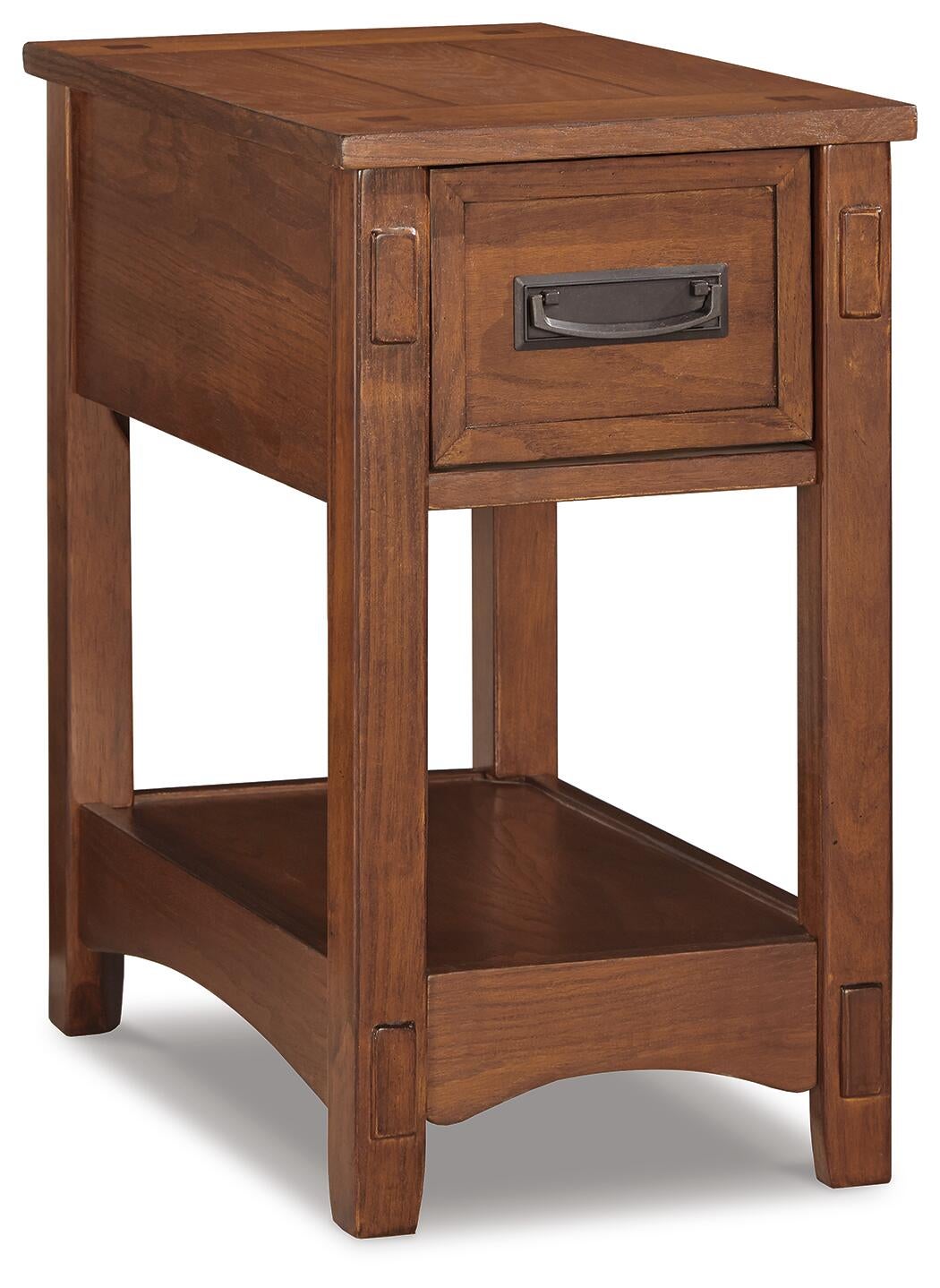 The Breegin Chair Side End Table is a Mission-style wood table with a single metal-handled drawer and a lower open shelf—ideal as a classic accent piece beside your chair.