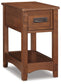The Breegin Chair Side End Table is a Mission-style wood table with a single metal-handled drawer and a lower open shelf—ideal as a classic accent piece beside your chair.