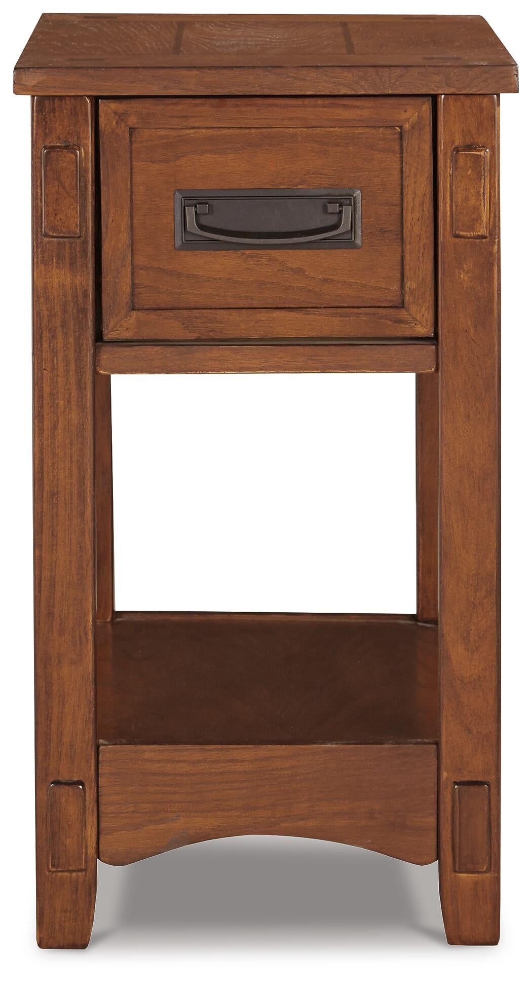 The Breegin Chair Side End Table is a Mission-style wooden nightstand with one drawer, a black handle, and an open lower shelf—ideal as a chairside accent or small wood table for any room.