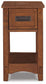 The Breegin Chair Side End Table is a Mission-style wooden nightstand with one drawer, a black handle, and an open lower shelf—ideal as a chairside accent or small wood table for any room.