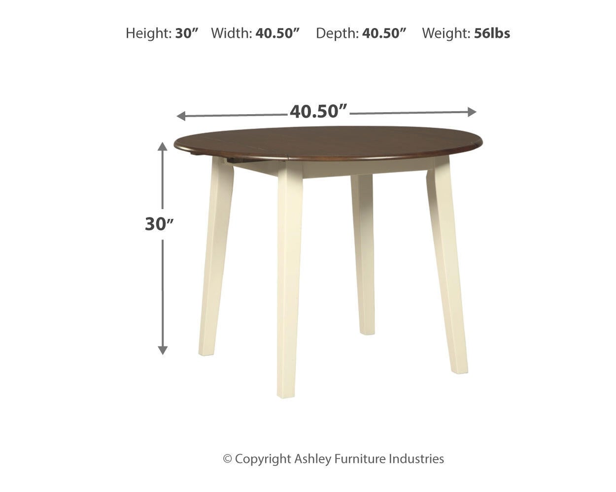 The Woodanville Round DRM Drop Leaf Table features a two-tone design with white legs, measuring 40.5" in diameter, 30" high, and weighing 56 lbs. Dimensions and weight are conveniently listed for this cottage-chic kitchen table.