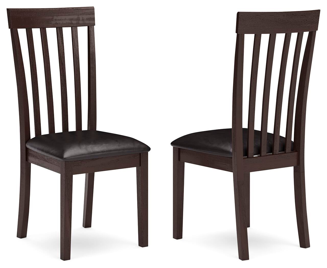 Set of two Hammis Dining UPH Side Chairs featuring dark brown rake backs and black upholstered seats, displayed from front and back angles against a white background.