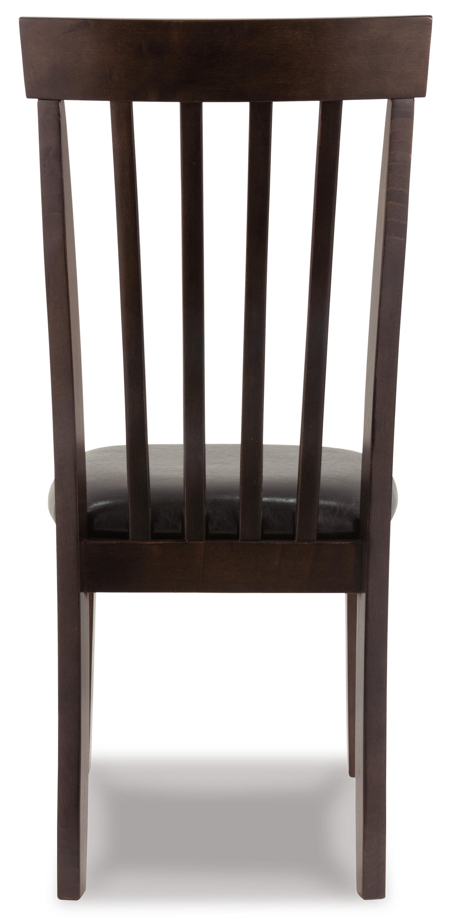 The Hammis Dining UPH Side Chair (2/CN) is a contemporary dark wood chair with a rake back design and black upholstered seat, shown from the rear.