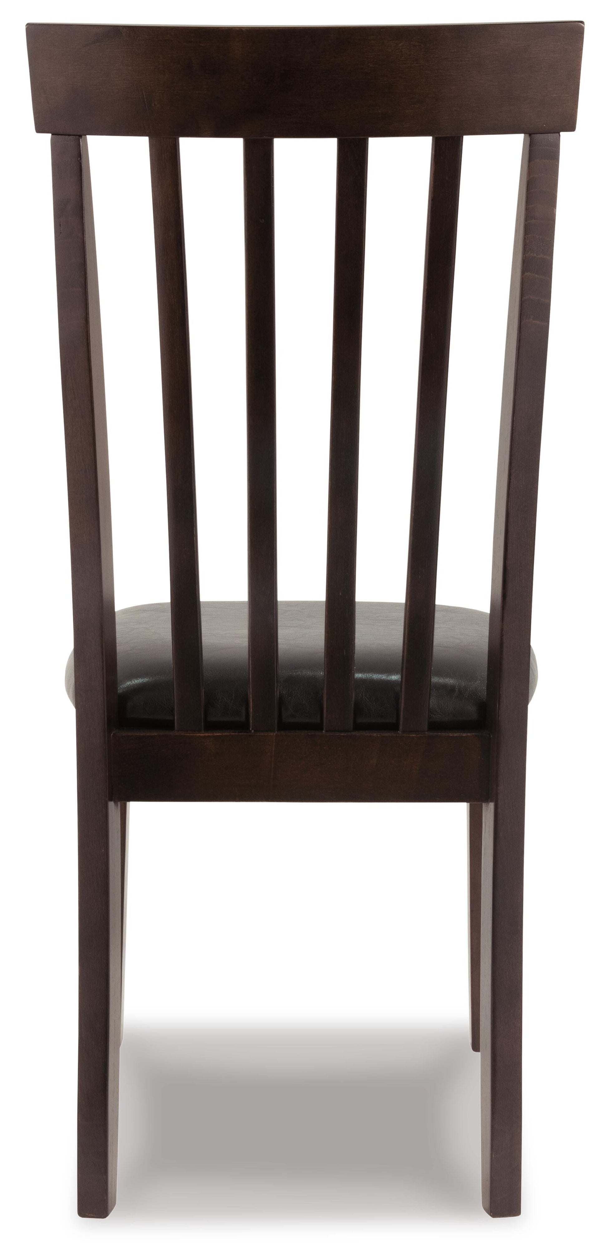 The Hammis Dining UPH Side Chair (2/CN) is a contemporary dark wood chair with a rake back design and black upholstered seat, shown from the rear.