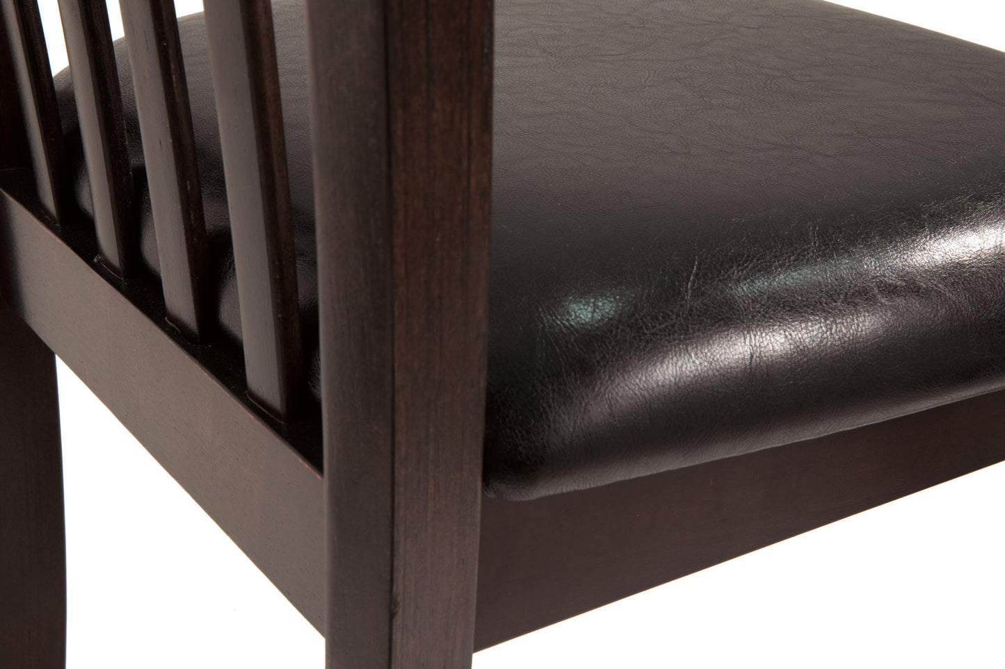 Close-up of the Hammis Dining UPH Side Chair (2/CN), featuring a contemporary design with a dark wood frame, black leather seat cushion, and vertical rake back slats, set against a white background.