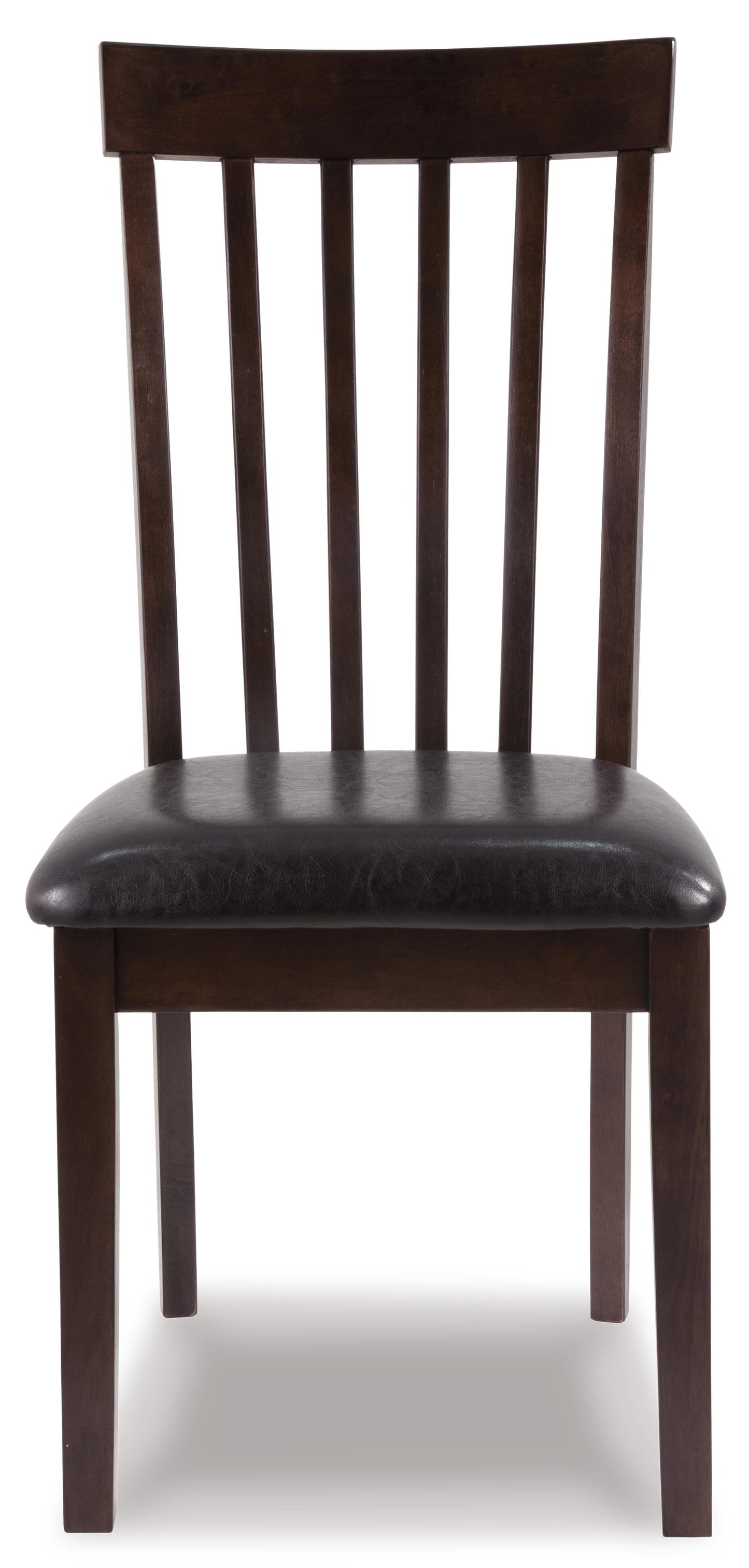 The Hammis Dining UPH Side Chair (2/CN) features a contemporary dark wood finish, rake back slats, and a cushioned black seat, shown from the front on a white background.
