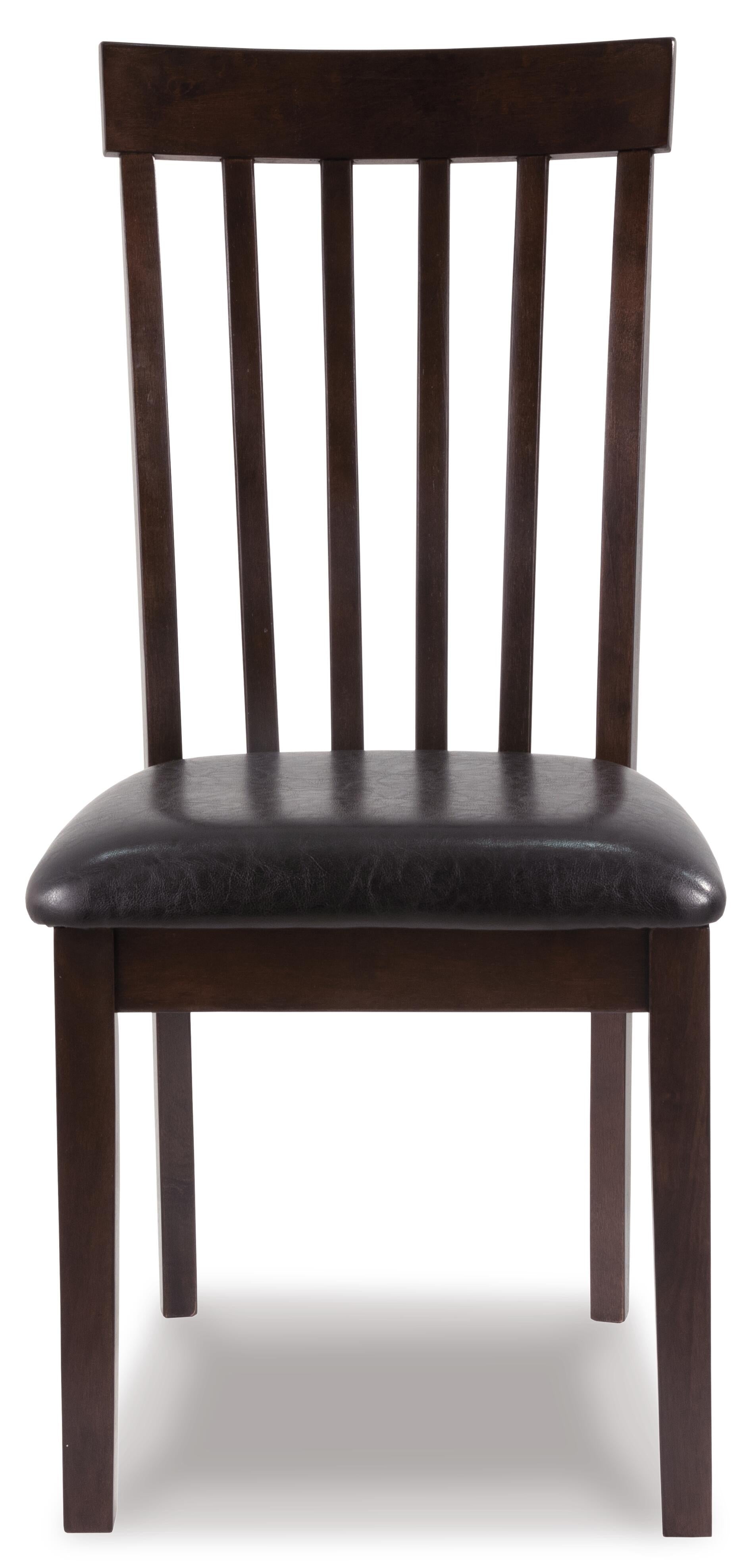 The Hammis Dining UPH Side Chair (2/CN) features a contemporary dark wood finish, rake back slats, and a cushioned black seat, shown from the front on a white background.