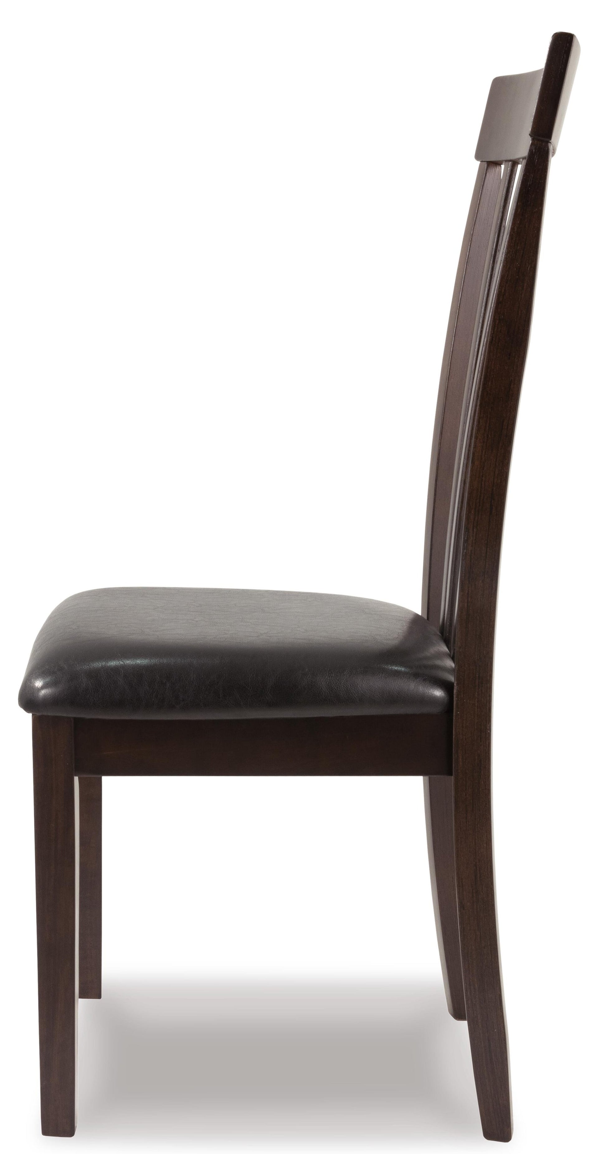 Side view of the Hammis Dining UPH Side Chair, featuring a cushioned black seat and a tall, slightly curved rake back for a contemporary look.