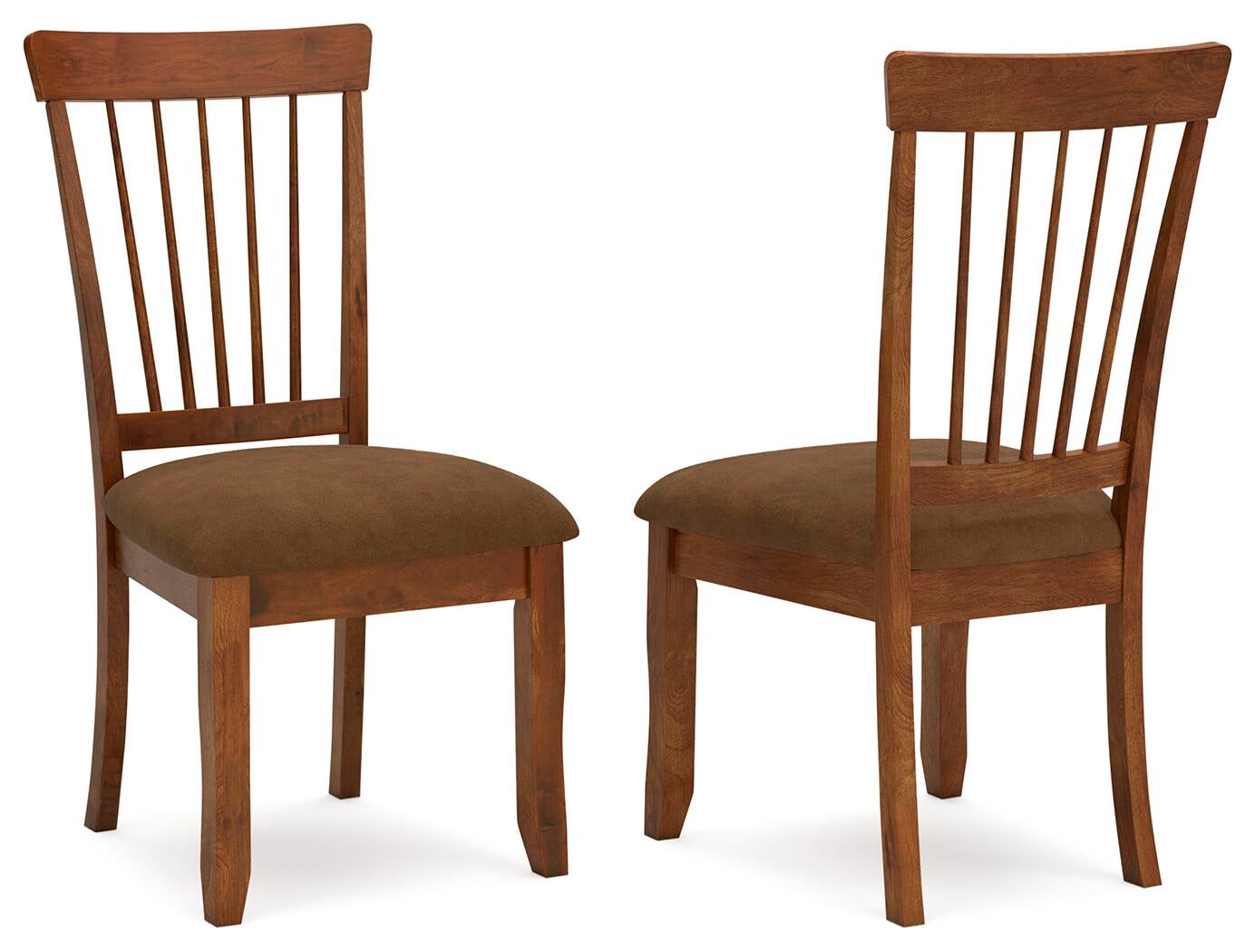 Two Berringer Dining UPH Side Chairs (2/CN) feature wooden frames, vertical slat backs, and brown microfiber upholstery, displayed from front and side angles on a white background.