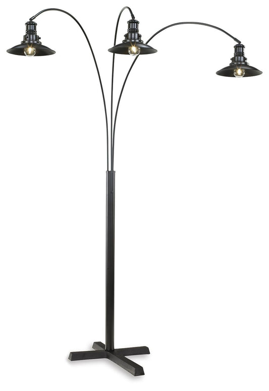 The Sheriel Metal Arc Lamp (1/CN) features a black finish, three adjustable arms with downward-facing round shades, and stands on a cross-shaped base.