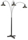 The Sheriel Metal Arc Lamp (1/CN) features a black finish, three adjustable arms with downward-facing round shades, and stands on a cross-shaped base.